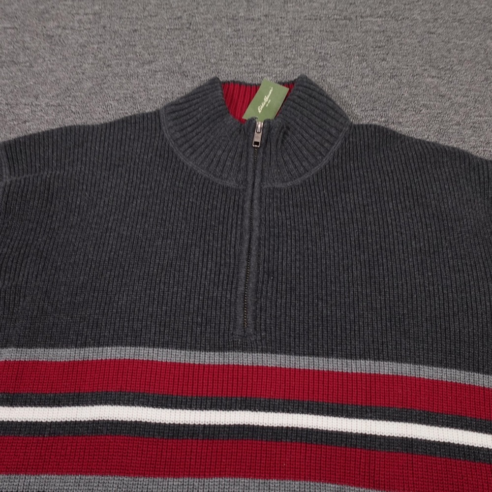 Eddie Bauer Sweater Mens XL Gray Striped 1/4 Zip‎ Mock Neck Pullover Cotton Knit - Picture 2 of 8